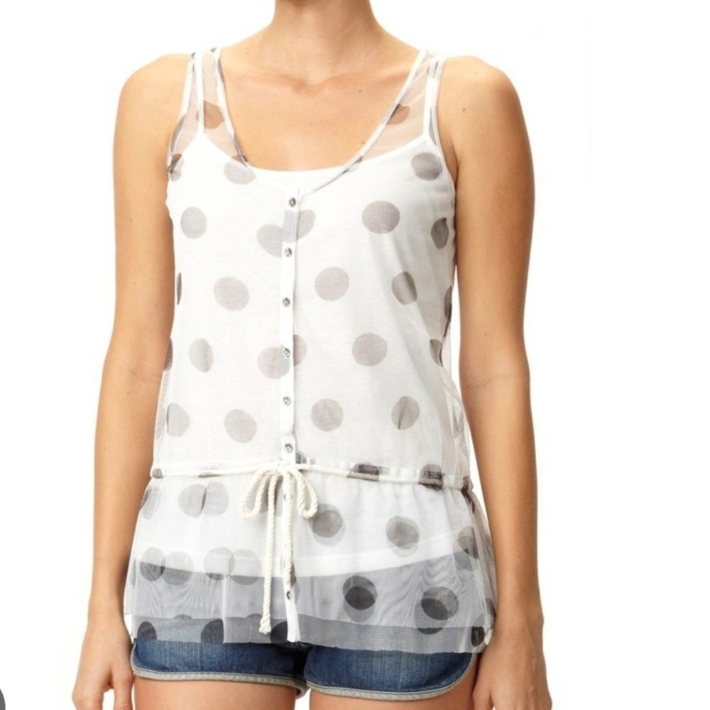 Quicksilver Womens Sheer Polka Dot Button Down Tank Top White Grey Peplum Mesh